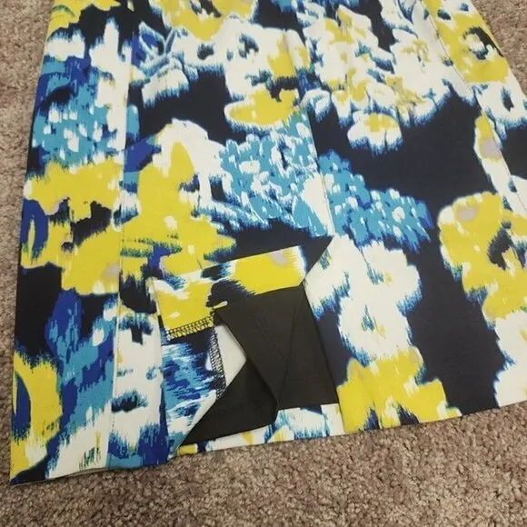 Lysse Charity Pencil Skirt Navy Yellow Abstract Floral Elastic Waist Medium