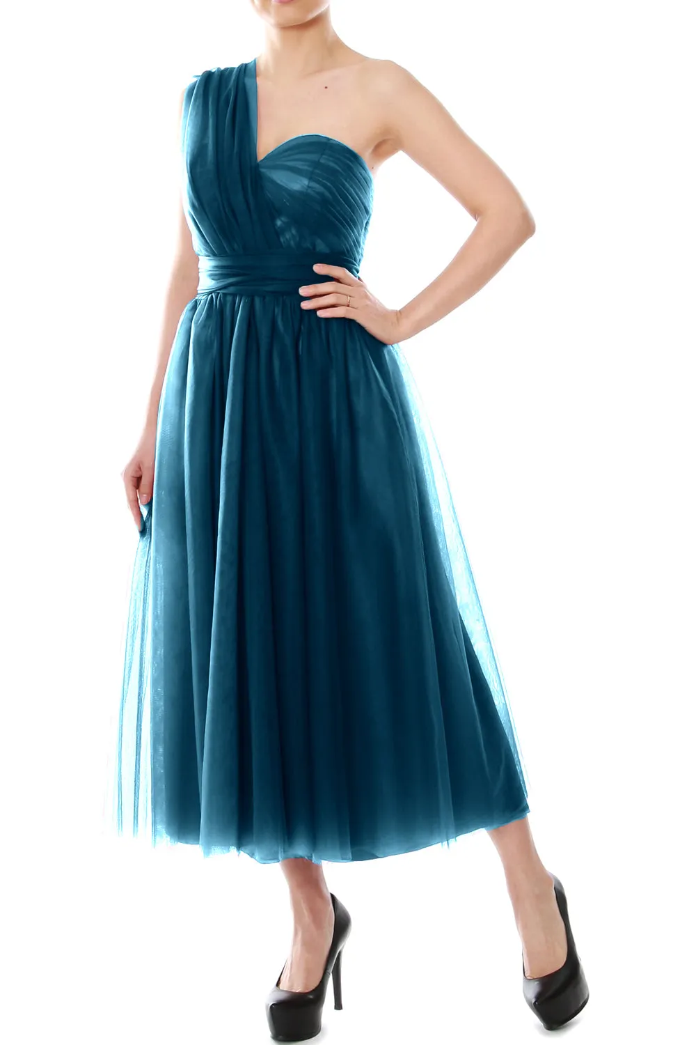 MACloth Midi Convertible Bridesmaid Dresses Tulle Wedding Party Gown Bridal