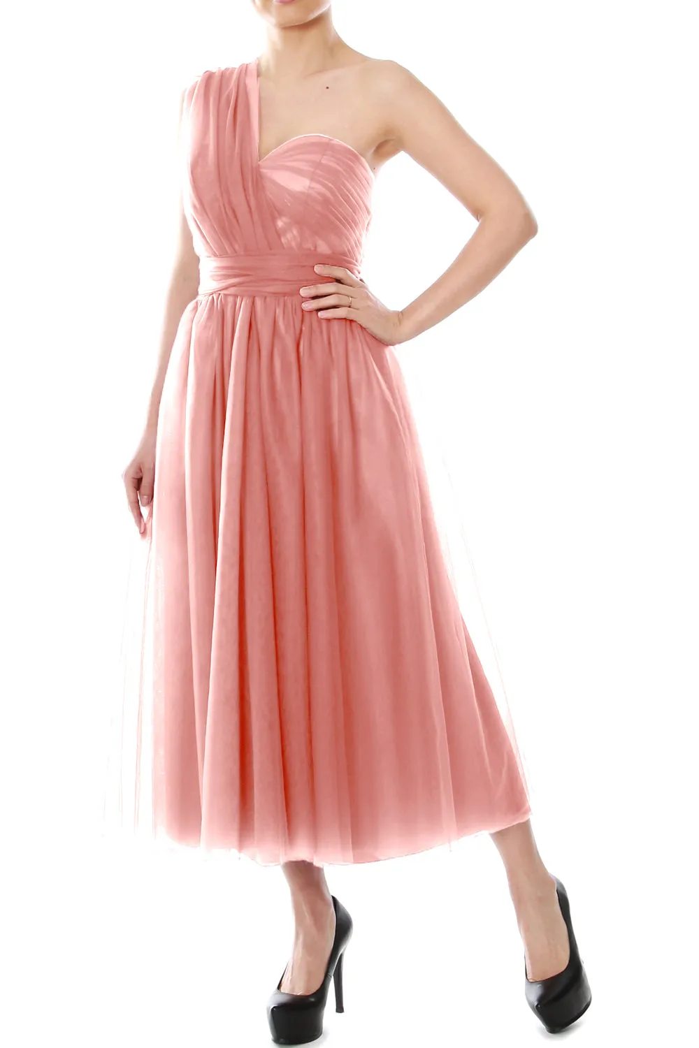 MACloth Midi Convertible Bridesmaid Dresses Tulle Wedding Party Gown Bridal