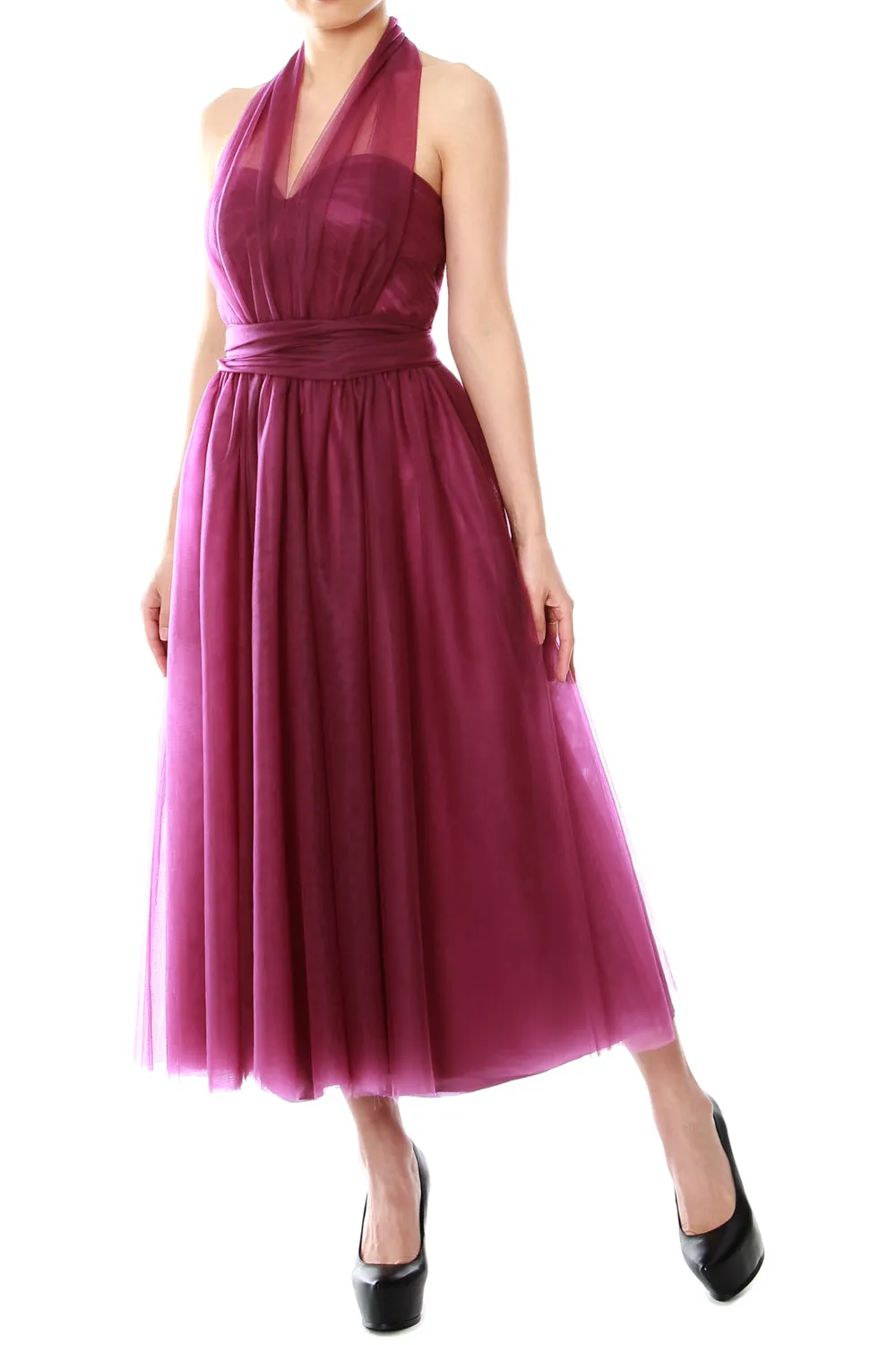MACloth Midi Convertible Bridesmaid Dresses Tulle Wedding Party Gown Bridal