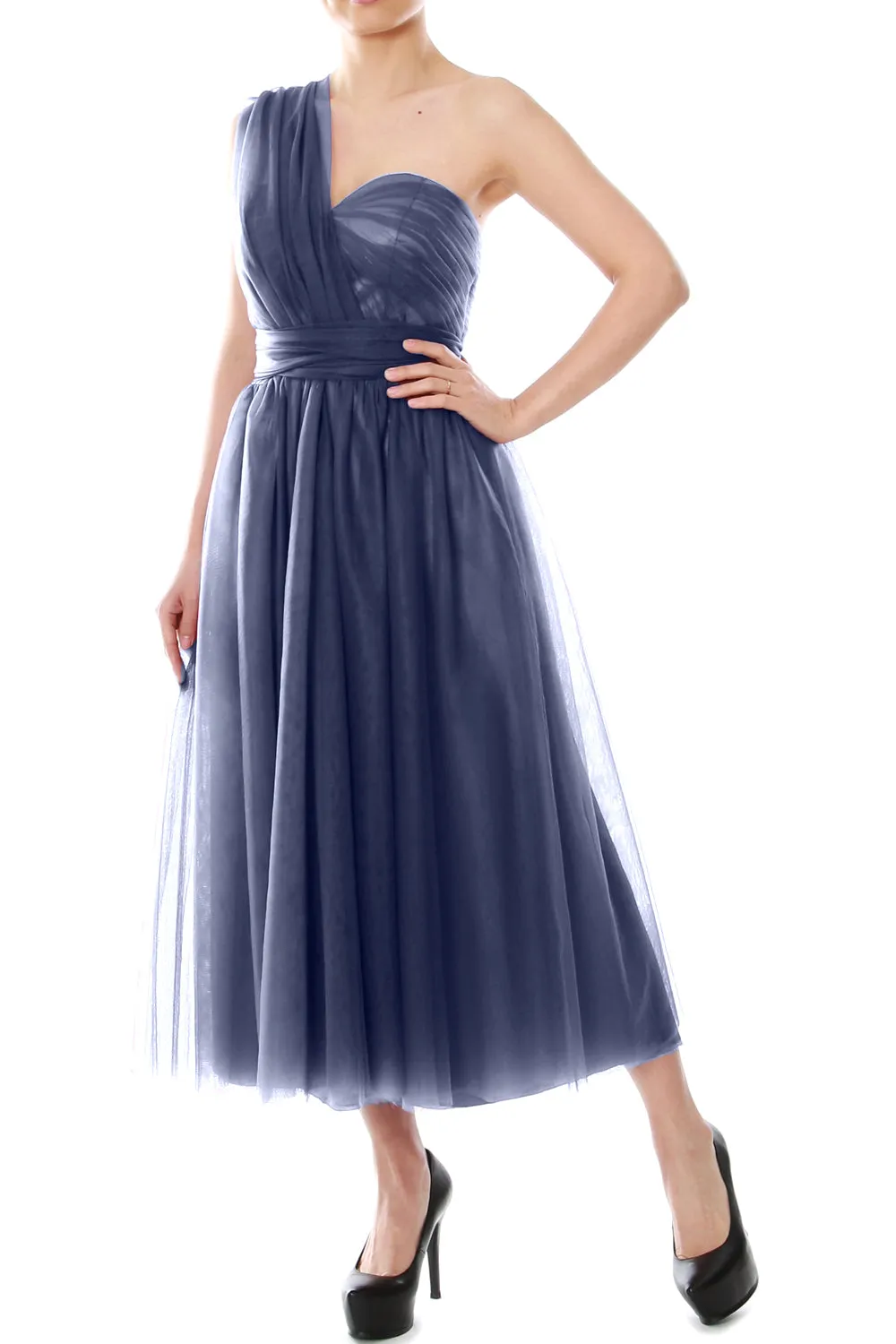 MACloth Midi Convertible Bridesmaid Dresses Tulle Wedding Party Gown Bridal