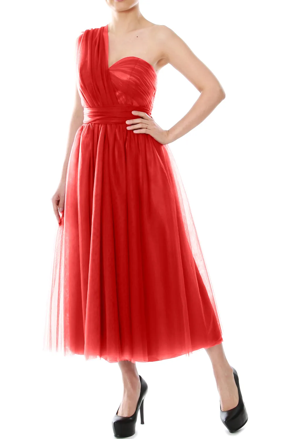 MACloth Midi Convertible Bridesmaid Dresses Tulle Wedding Party Gown Bridal