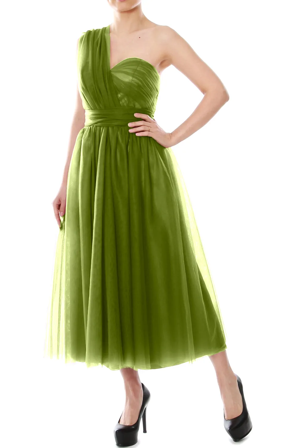 MACloth Midi Convertible Bridesmaid Dresses Tulle Wedding Party Gown Bridal