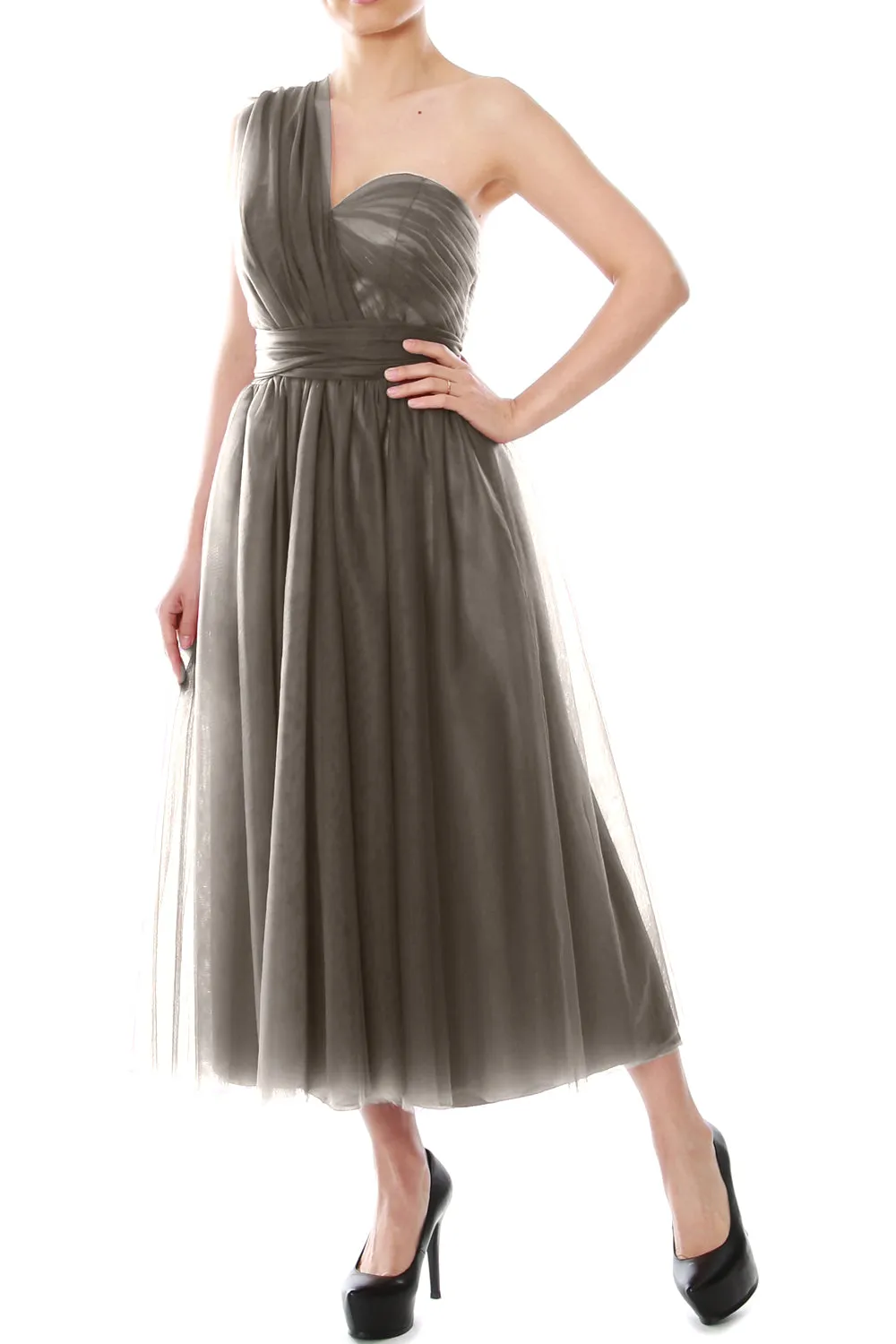 MACloth Midi Convertible Bridesmaid Dresses Tulle Wedding Party Gown Bridal