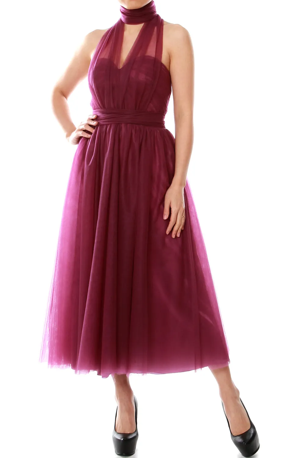 MACloth Midi Convertible Bridesmaid Dresses Tulle Wedding Party Gown Bridal