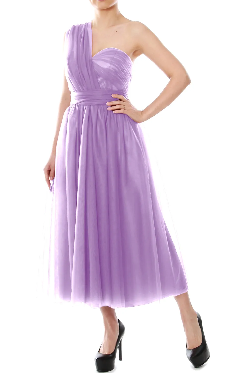 MACloth Midi Convertible Bridesmaid Dresses Tulle Wedding Party Gown Bridal
