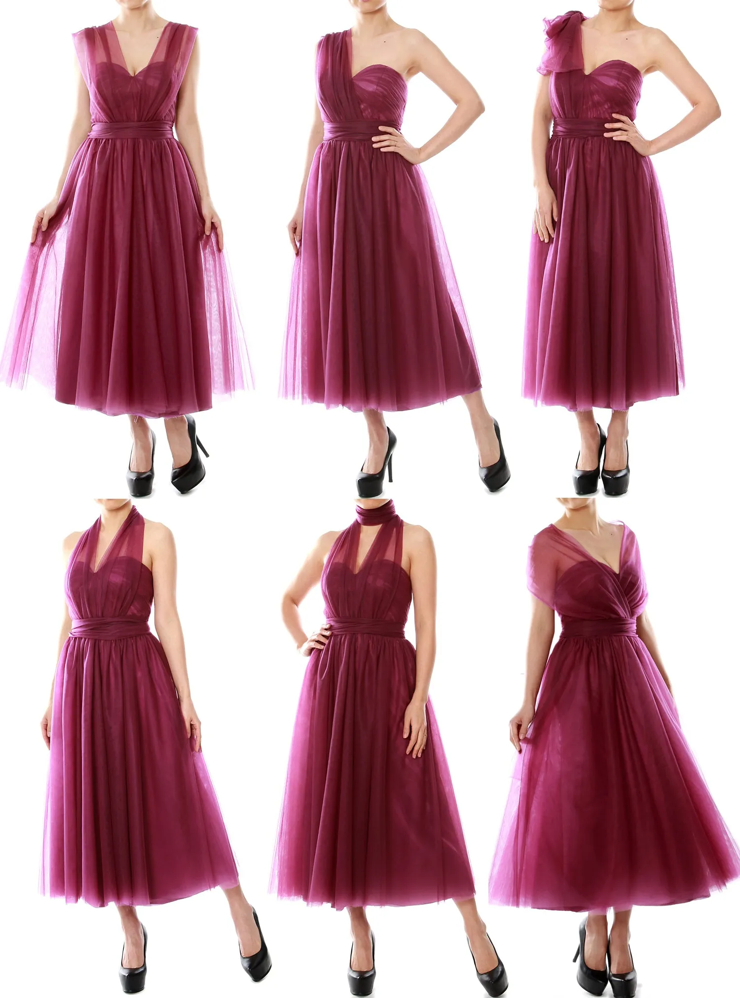 MACloth Midi Convertible Bridesmaid Dresses Tulle Wedding Party Gown Bridal