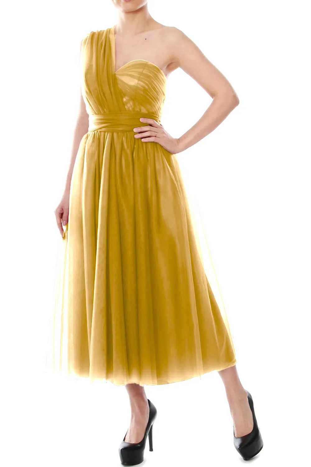 MACloth Midi Convertible Bridesmaid Dresses Tulle Wedding Party Gown Bridal