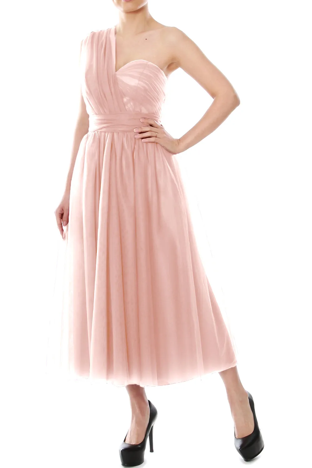 MACloth Midi Convertible Bridesmaid Dresses Tulle Wedding Party Gown Bridal