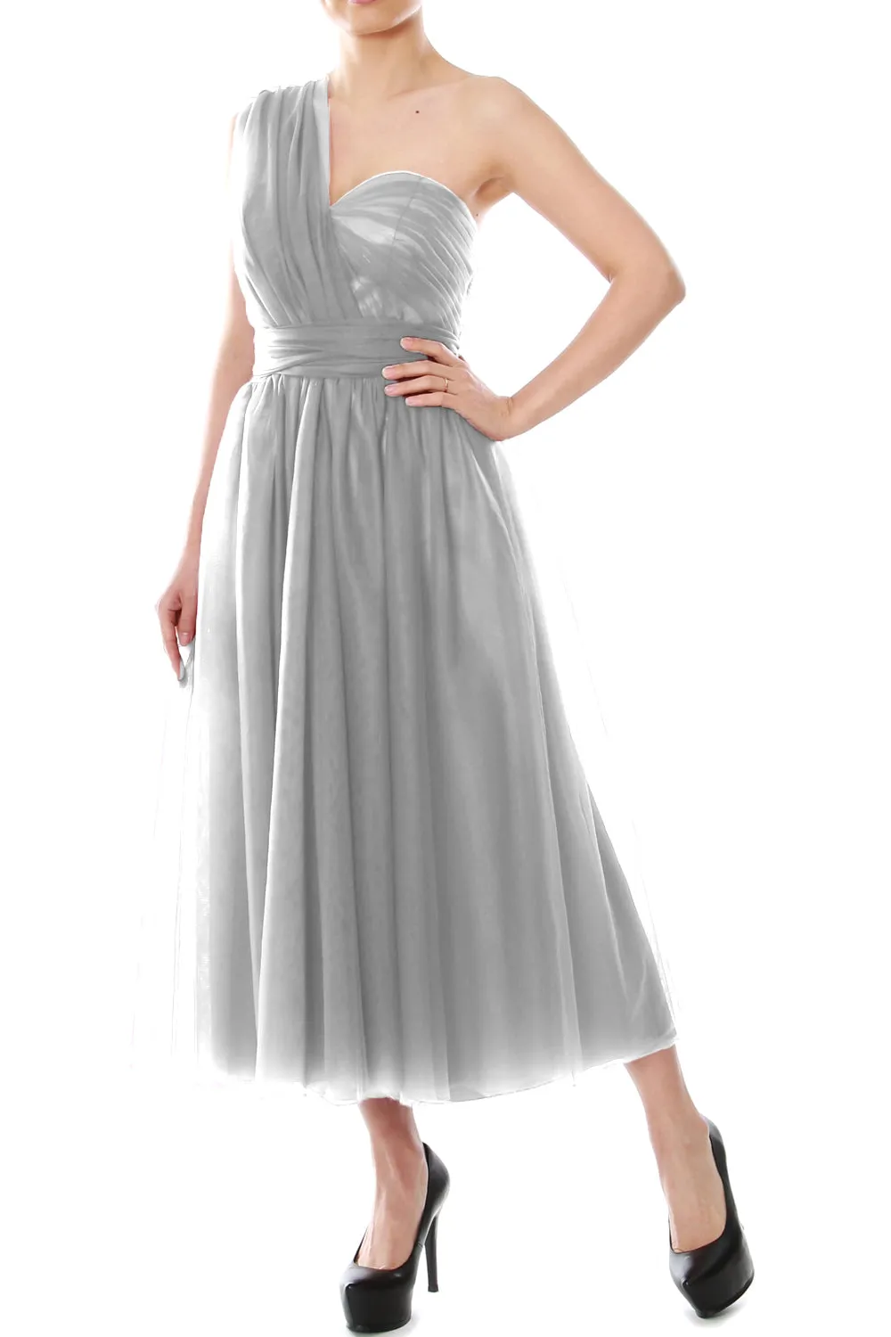 MACloth Midi Convertible Bridesmaid Dresses Tulle Wedding Party Gown Bridal