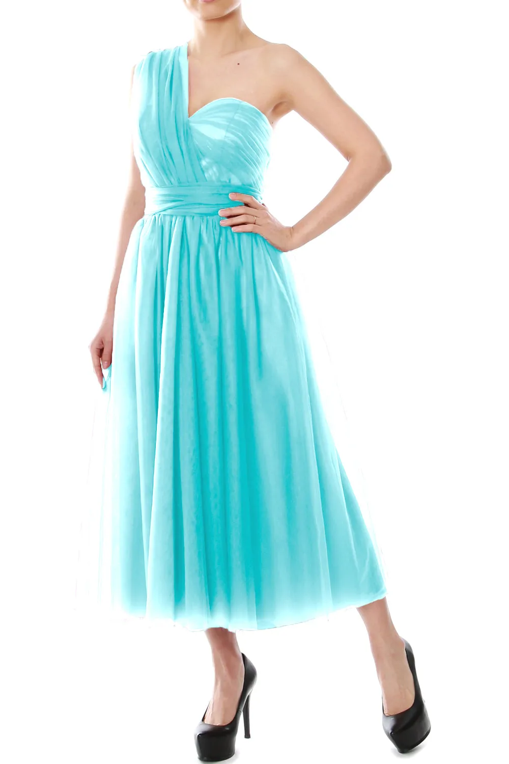 MACloth Midi Convertible Bridesmaid Dresses Tulle Wedding Party Gown Bridal