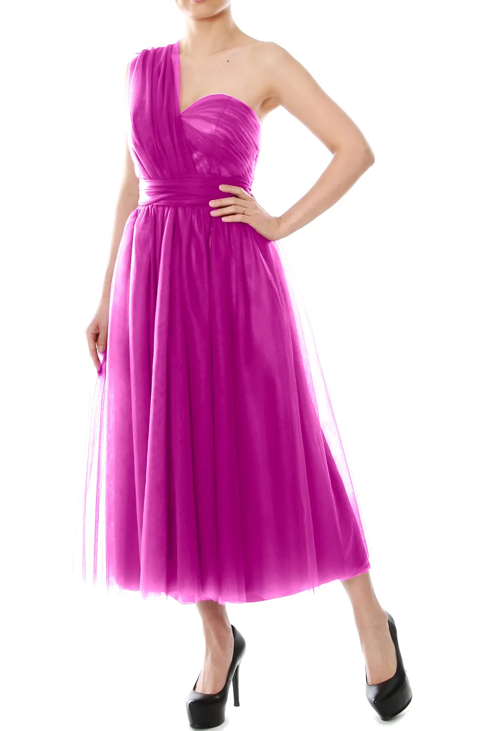MACloth Midi Convertible Bridesmaid Dresses Tulle Wedding Party Gown Bridal