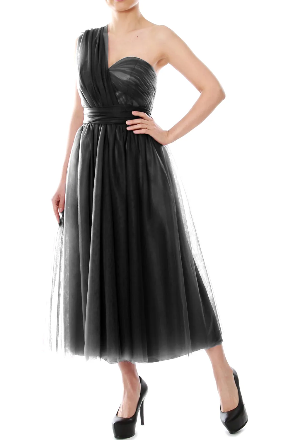 MACloth Midi Convertible Bridesmaid Dresses Tulle Wedding Party Gown Bridal