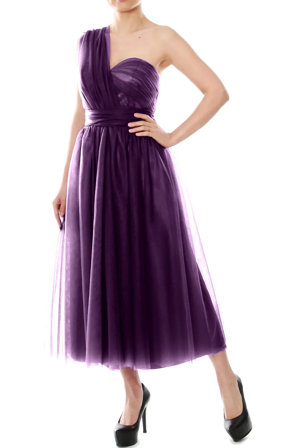 MACloth Midi Convertible Bridesmaid Dresses Tulle Wedding Party Gown Bridal