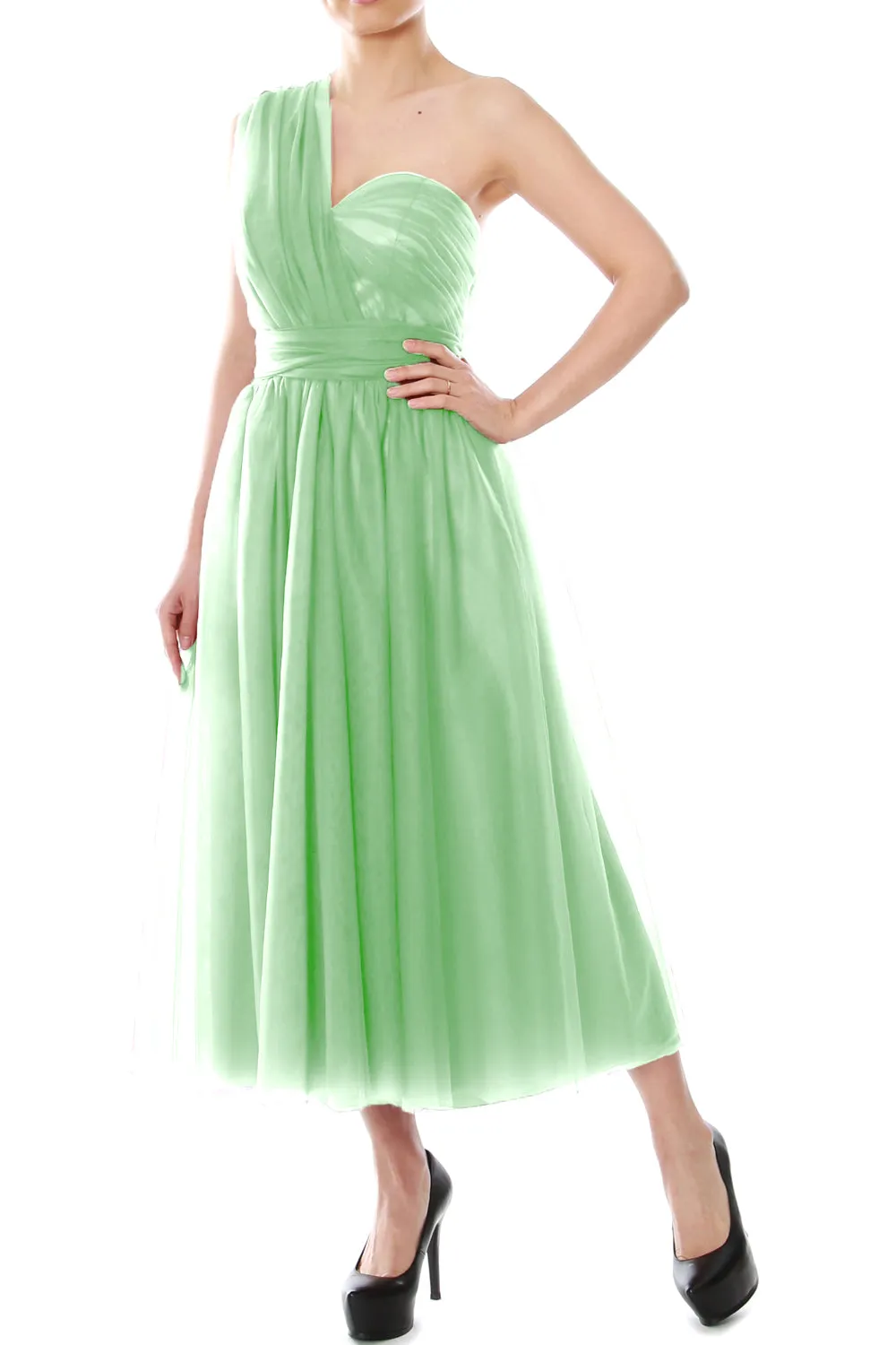 MACloth Midi Convertible Bridesmaid Dresses Tulle Wedding Party Gown Bridal