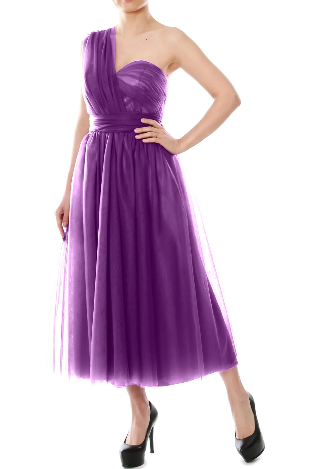 MACloth Midi Convertible Bridesmaid Dresses Tulle Wedding Party Gown Bridal