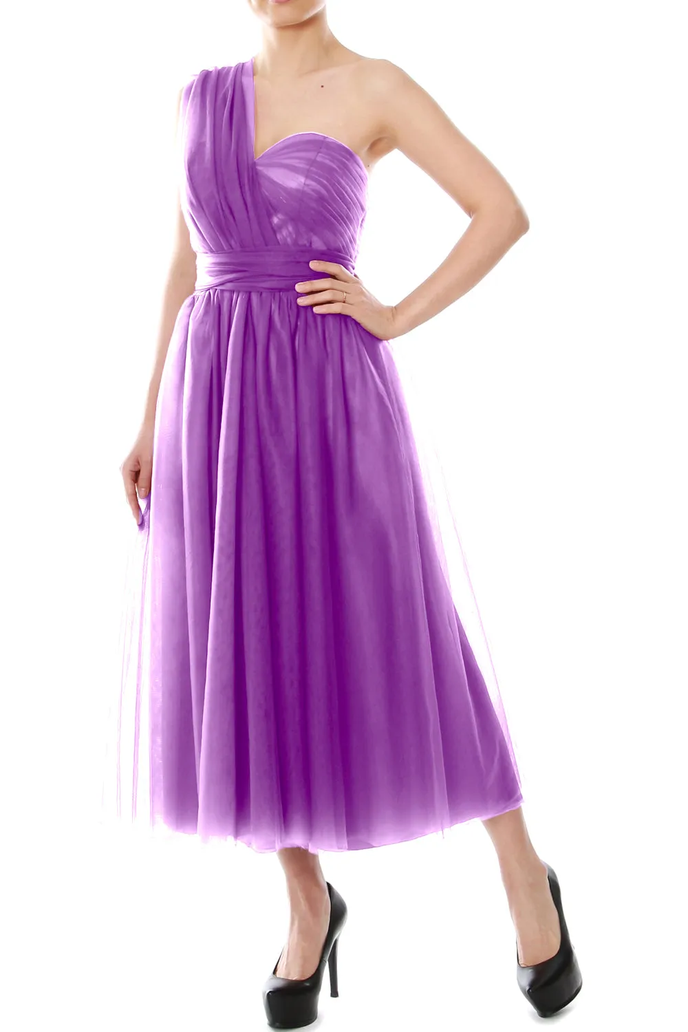 MACloth Midi Convertible Bridesmaid Dresses Tulle Wedding Party Gown Bridal