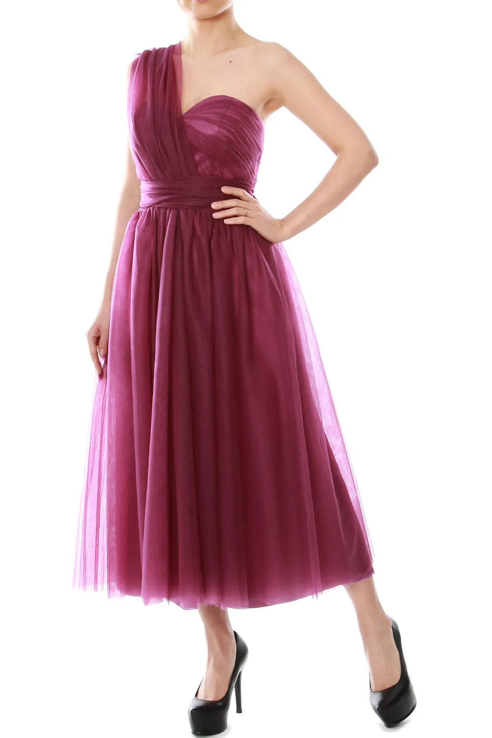 MACloth Midi Convertible Bridesmaid Dresses Tulle Wedding Party Gown Bridal