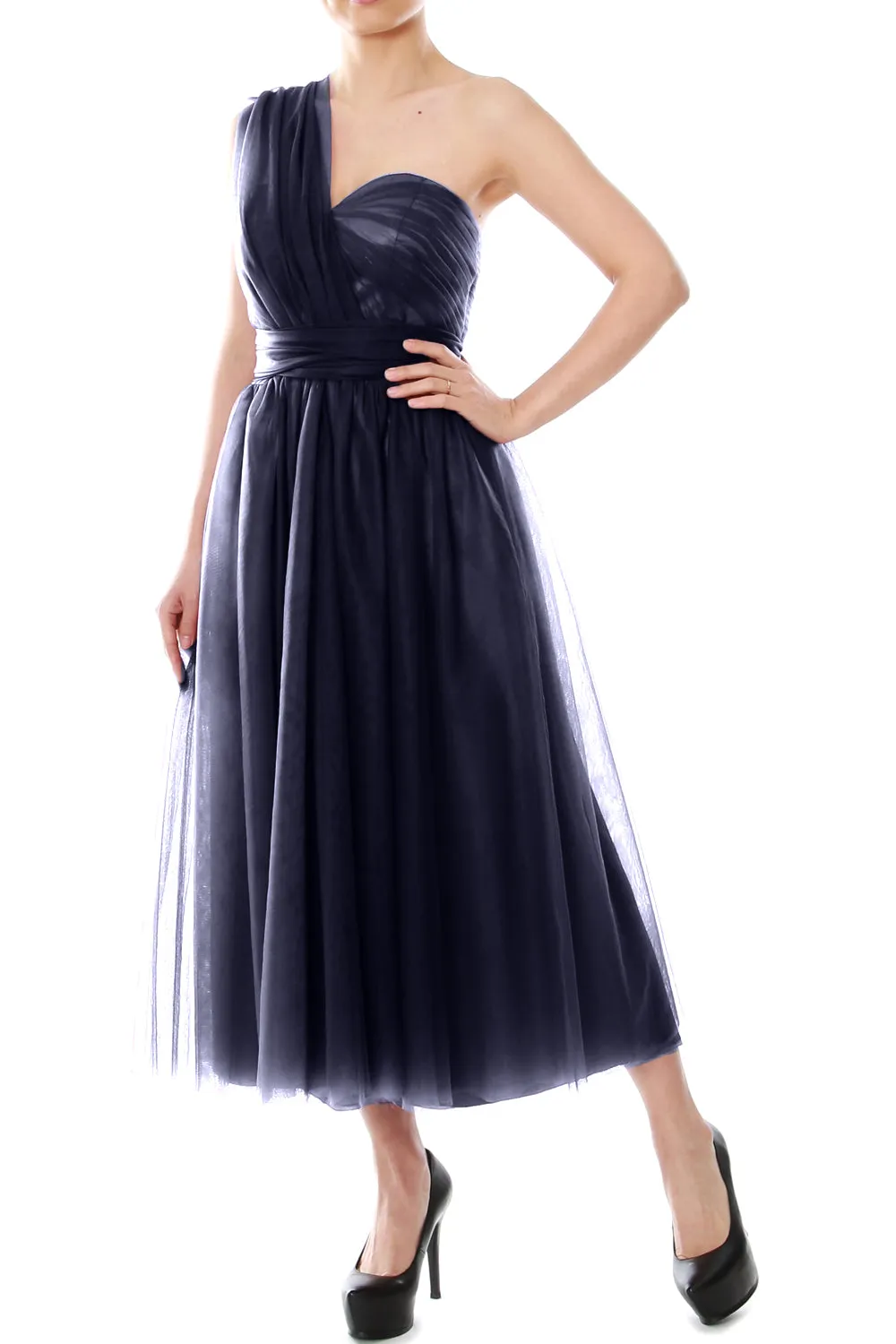 MACloth Midi Convertible Bridesmaid Dresses Tulle Wedding Party Gown Bridal