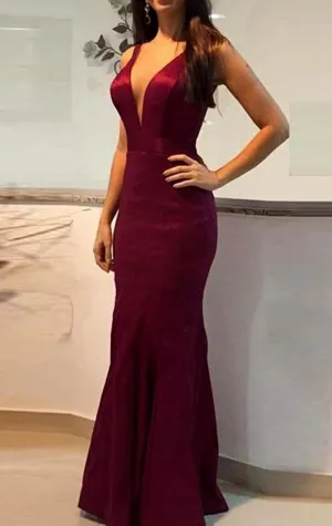 MACloth Sheath V Neck Long Prom Dress Burgundy Formal Evening Gown