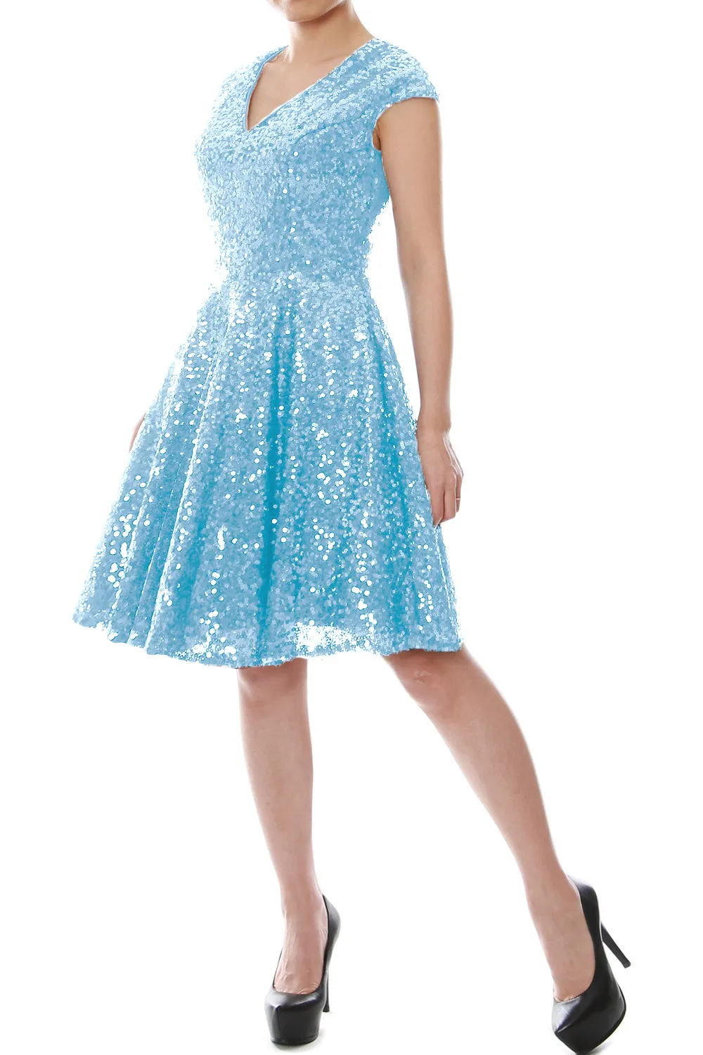MACloth Women Cap Sleeve Party Formal Gown V Neck Sequin Short Bridesmaid Dress