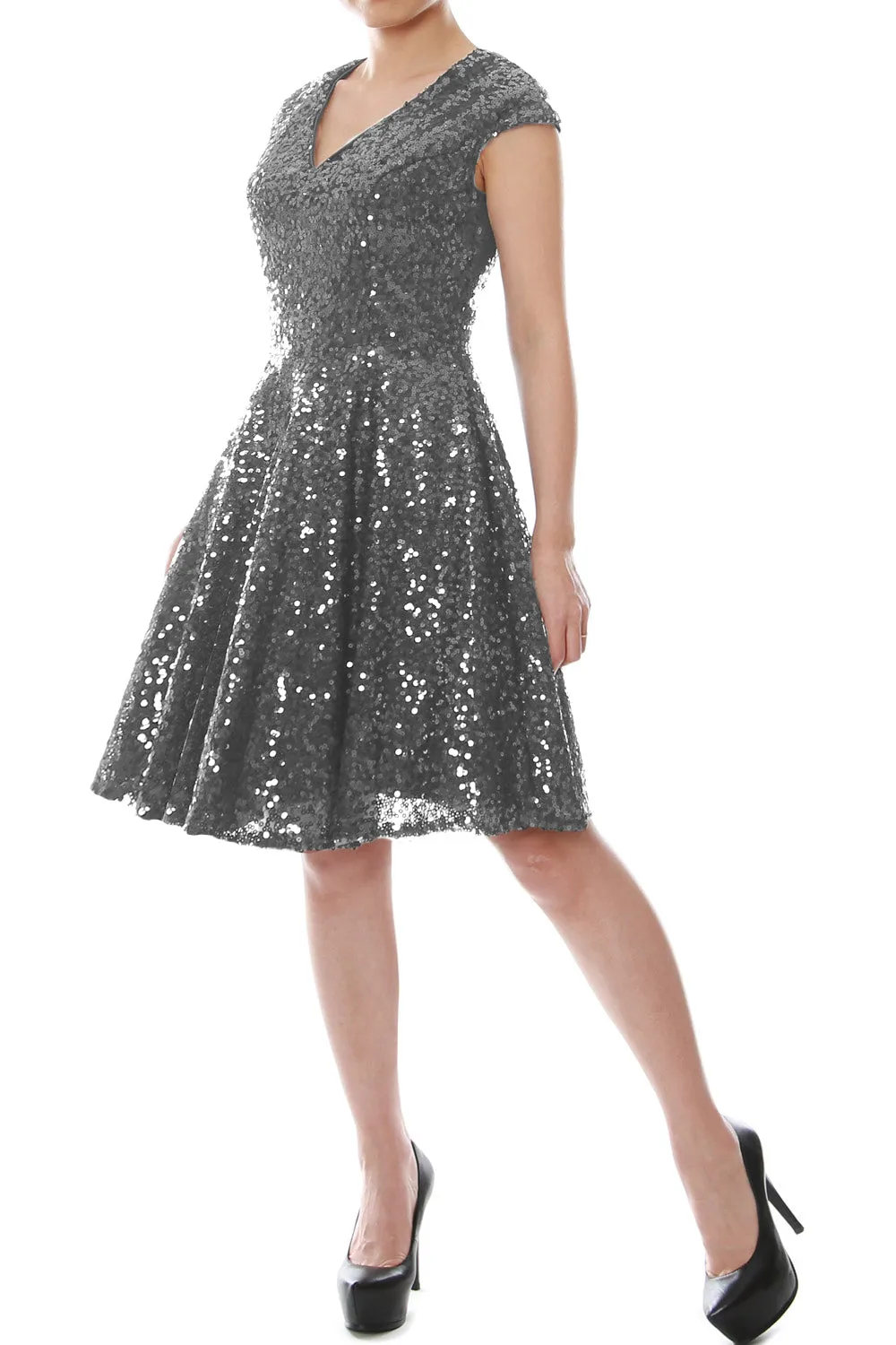 MACloth Women Cap Sleeve Party Formal Gown V Neck Sequin Short Bridesmaid Dress