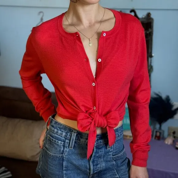 Maje Women's Manilou Tie-Front Button-Up Round Neck Wool Cardigan in Red
