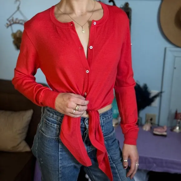 Maje Women's Manilou Tie-Front Button-Up Round Neck Wool Cardigan in Red