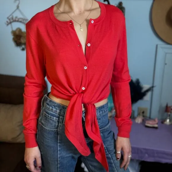 Maje Women's Manilou Tie-Front Button-Up Round Neck Wool Cardigan in Red