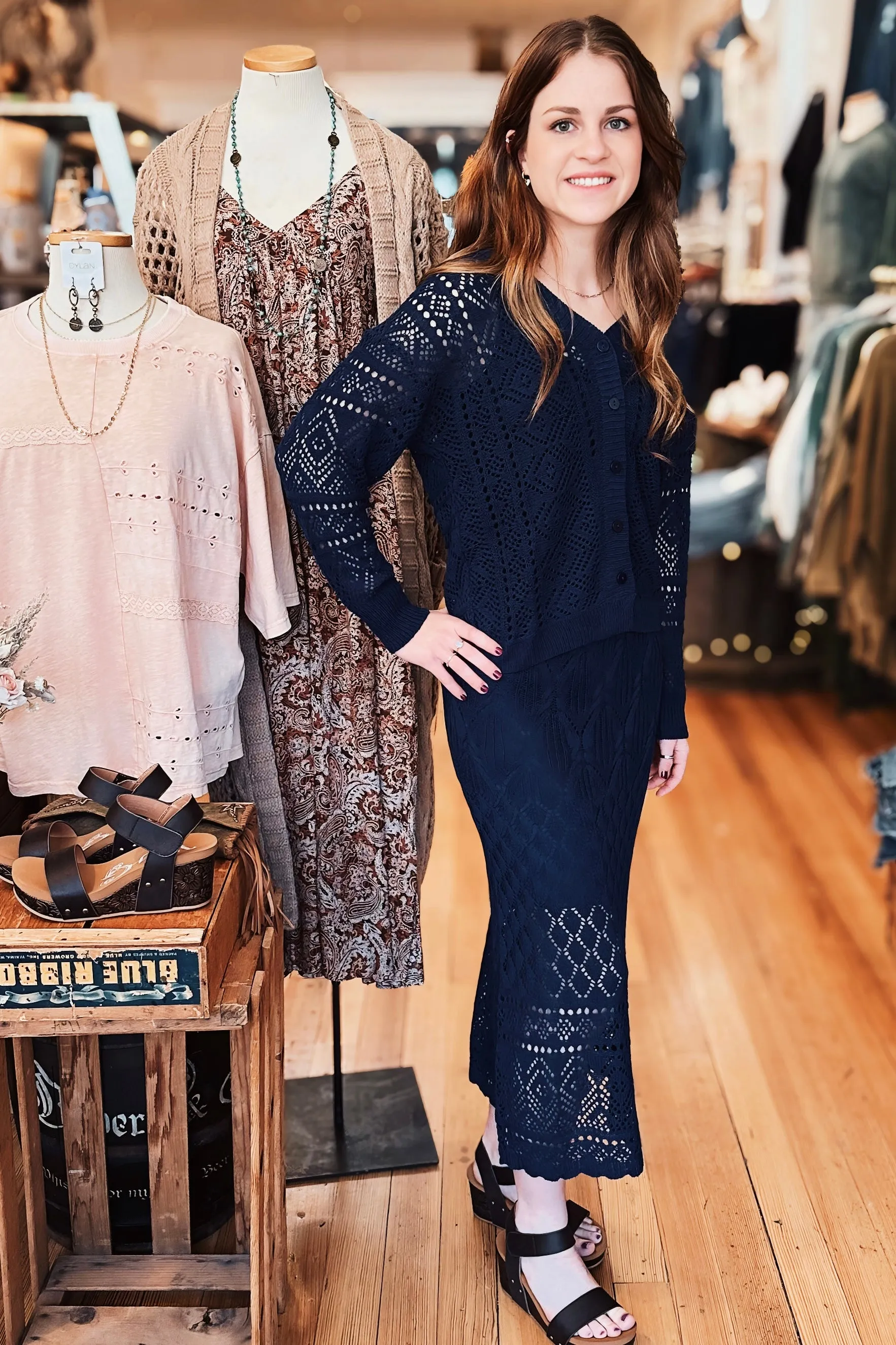 Marbella Open-Knit Midi Skirt – Midnight Navy