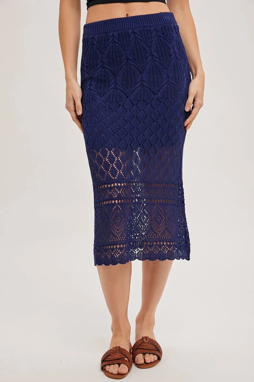 Marbella Open-Knit Midi Skirt – Midnight Navy