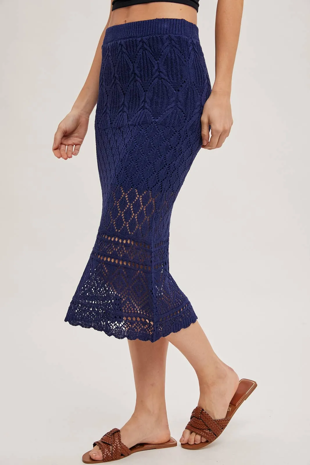 Marbella Open-Knit Midi Skirt – Midnight Navy
