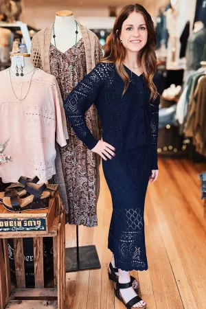 Marbella Open-Knit Midi Skirt – Midnight Navy