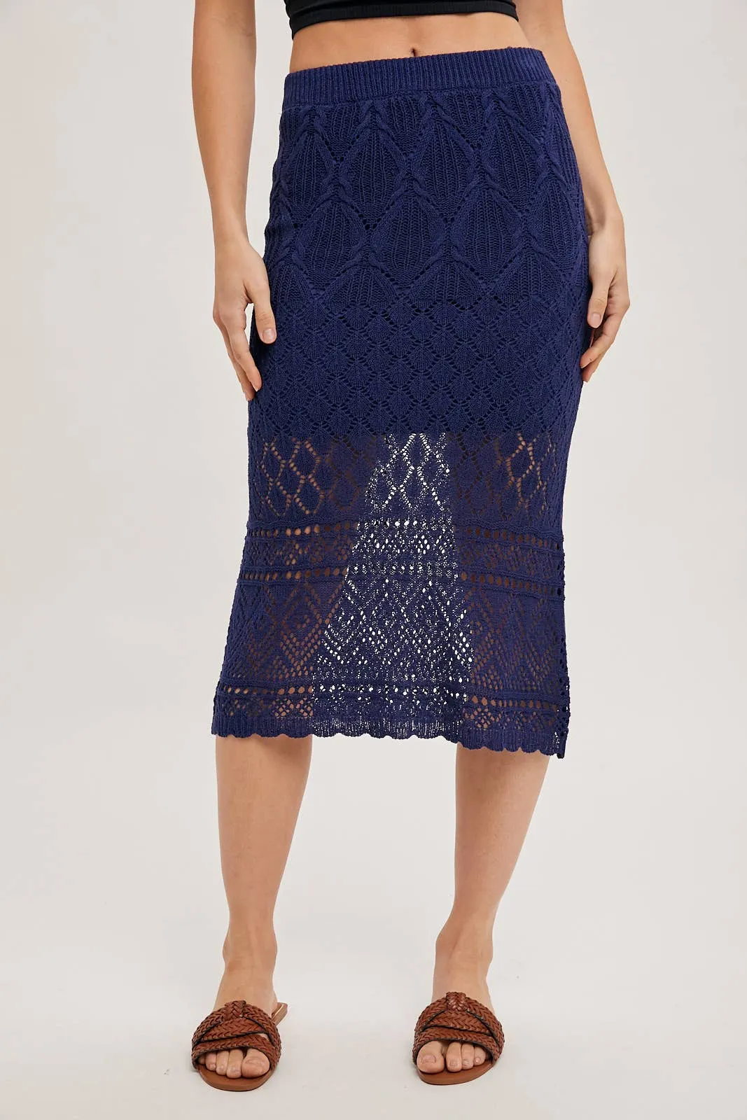 Marbella Open-Knit Midi Skirt – Midnight Navy