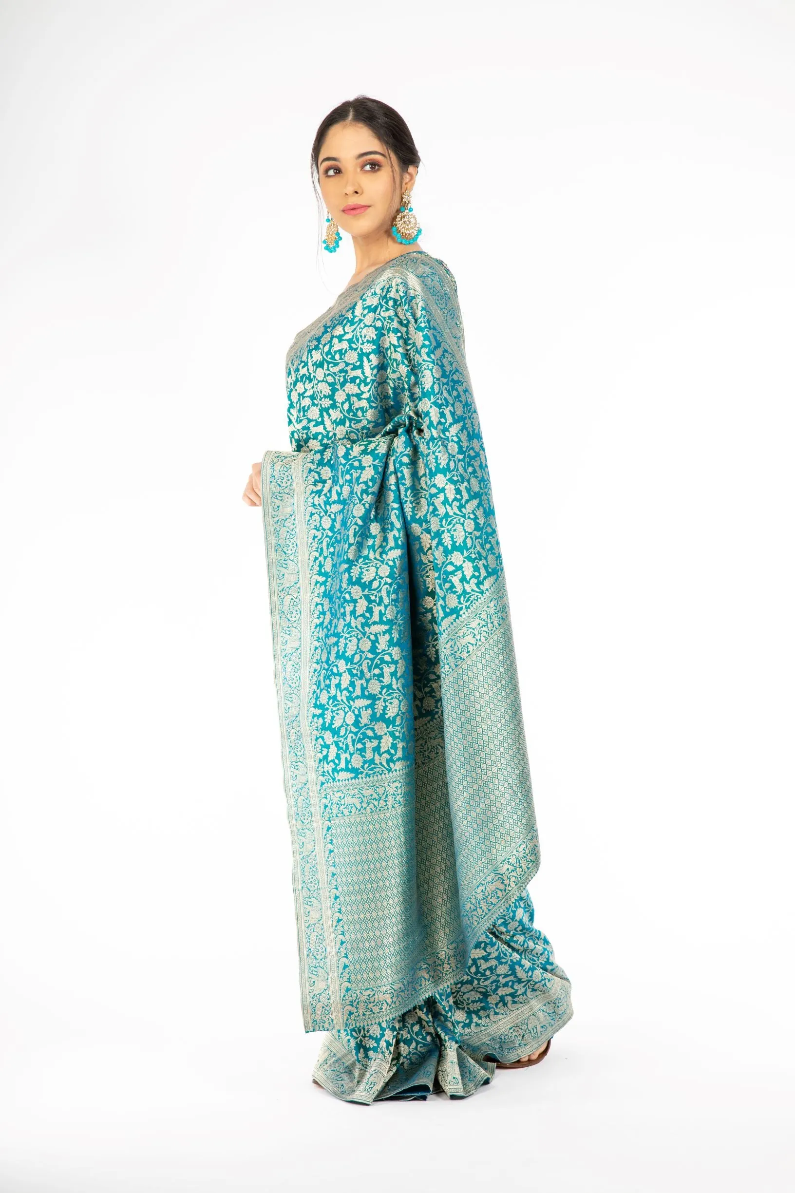 Marvelous Peacock Blue Handloom Banarasi Saree