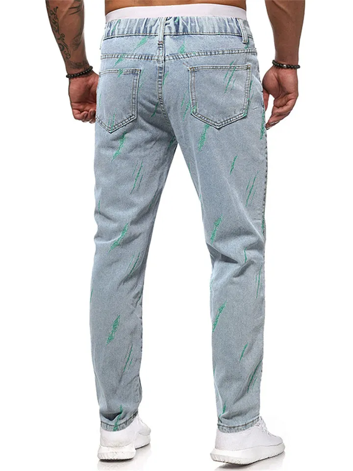 Men's Fashion Green Slanting Line Washed Effect Straight Leg Jeans