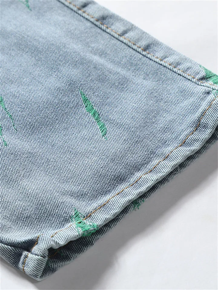 Men's Fashion Green Slanting Line Washed Effect Straight Leg Jeans