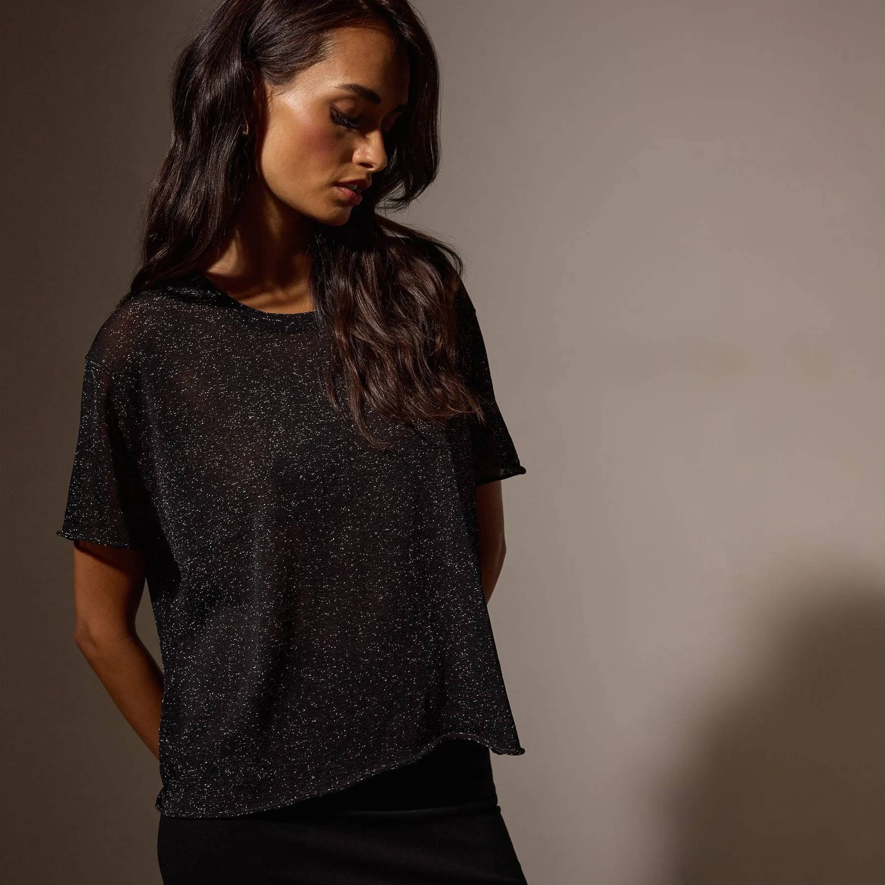 Metallic Knit Short Sleeve Crew - Black