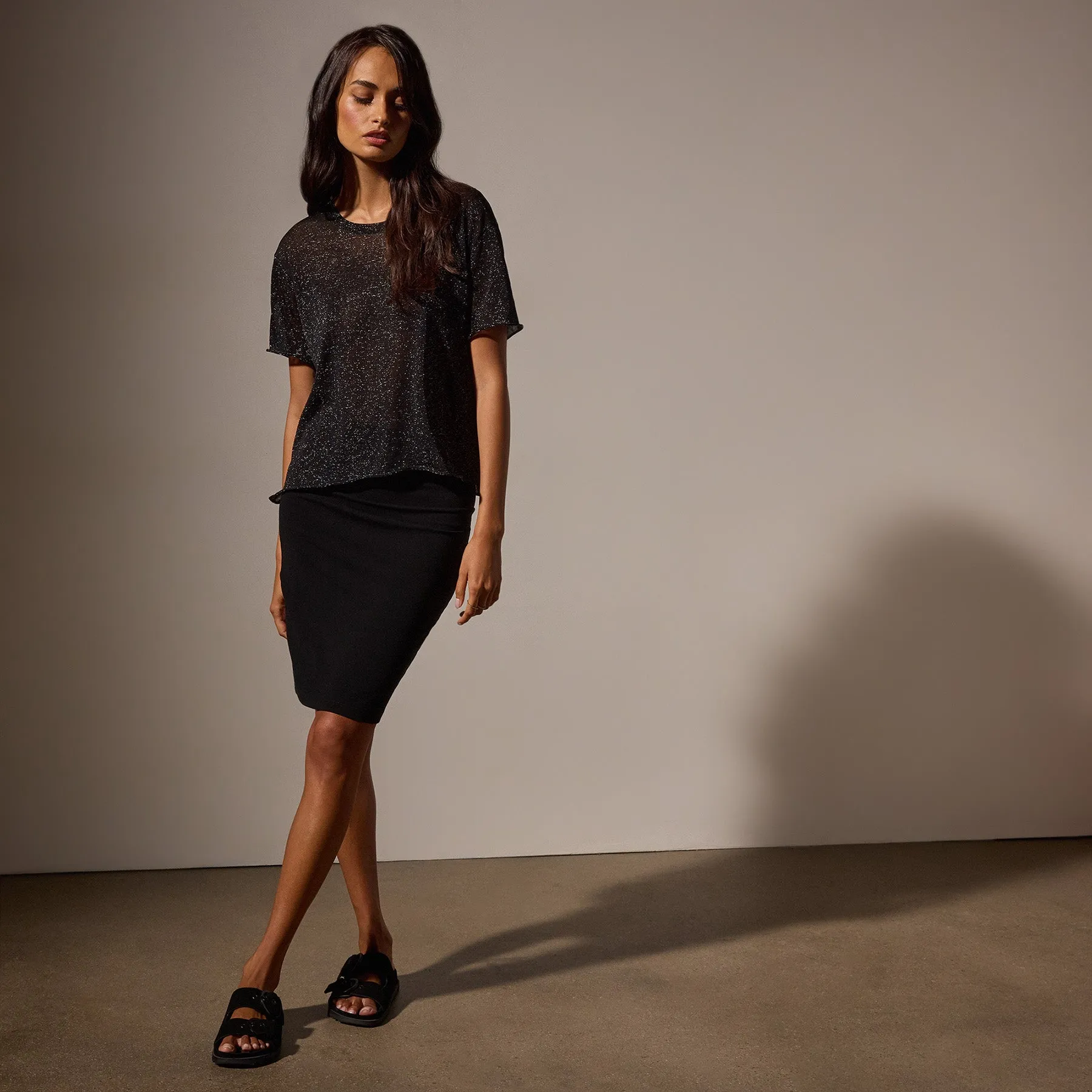 Metallic Knit Short Sleeve Crew - Black