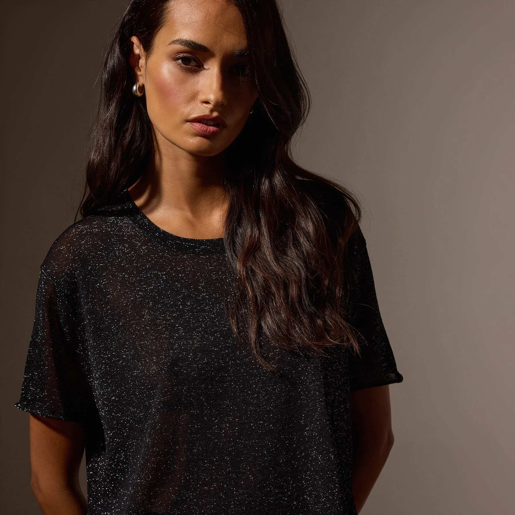 Metallic Knit Short Sleeve Crew - Black