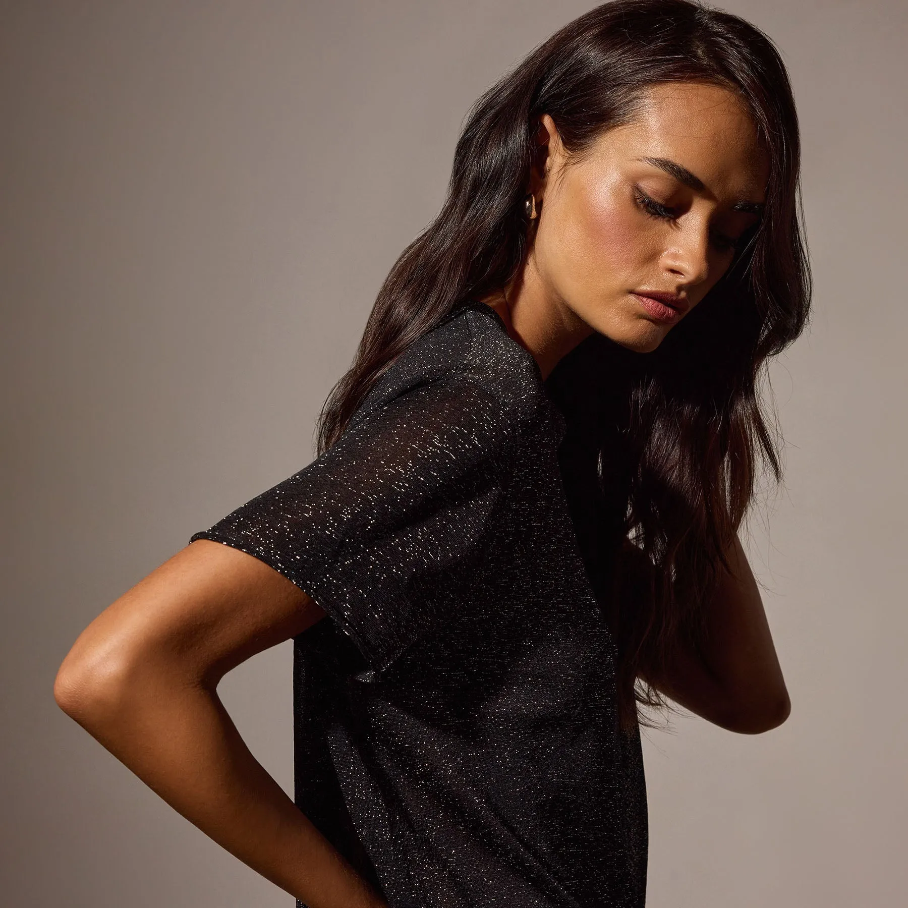 Metallic Knit Short Sleeve Crew - Black