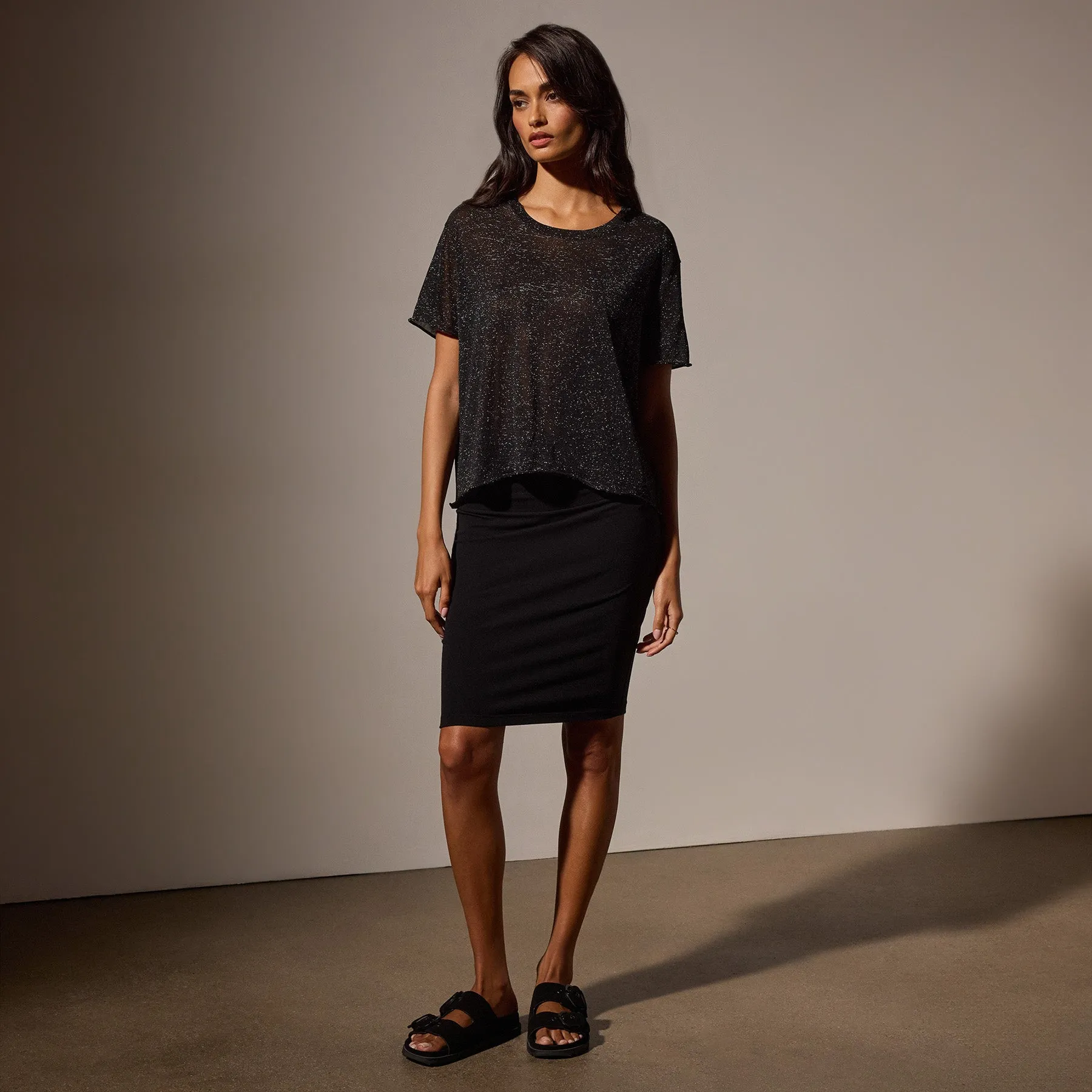 Metallic Knit Short Sleeve Crew - Black