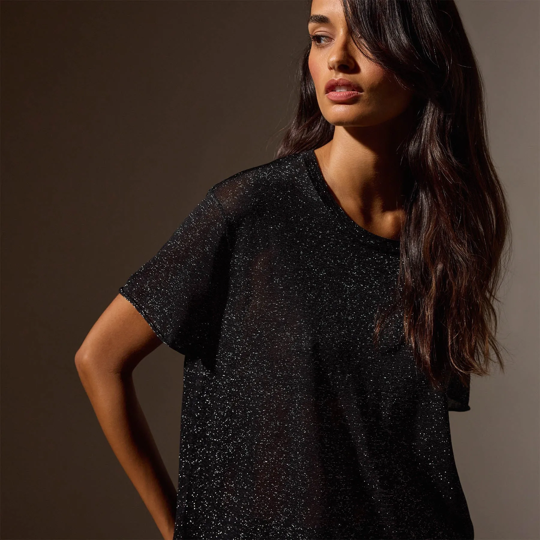 Metallic Knit Short Sleeve Crew - Black