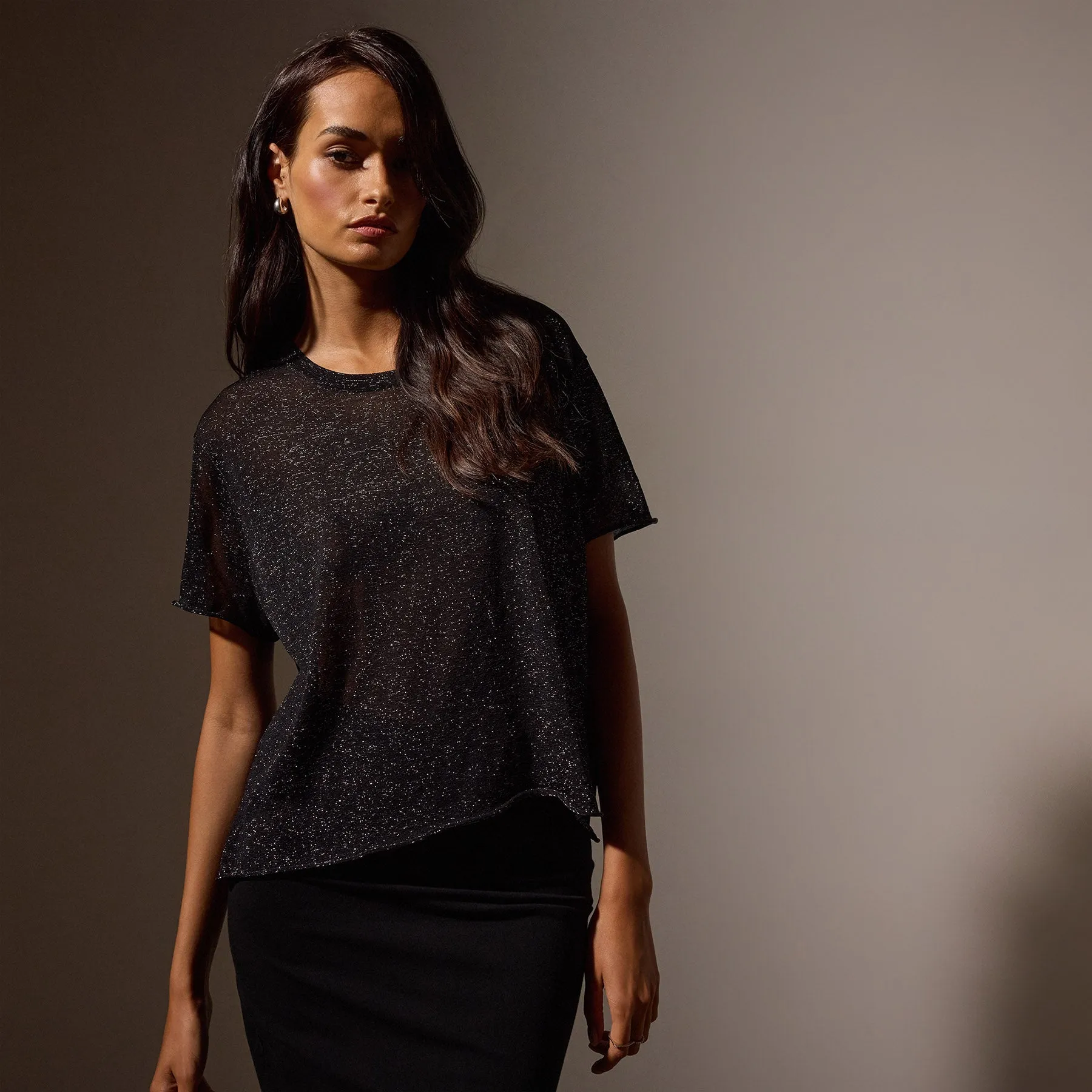 Metallic Knit Short Sleeve Crew - Black