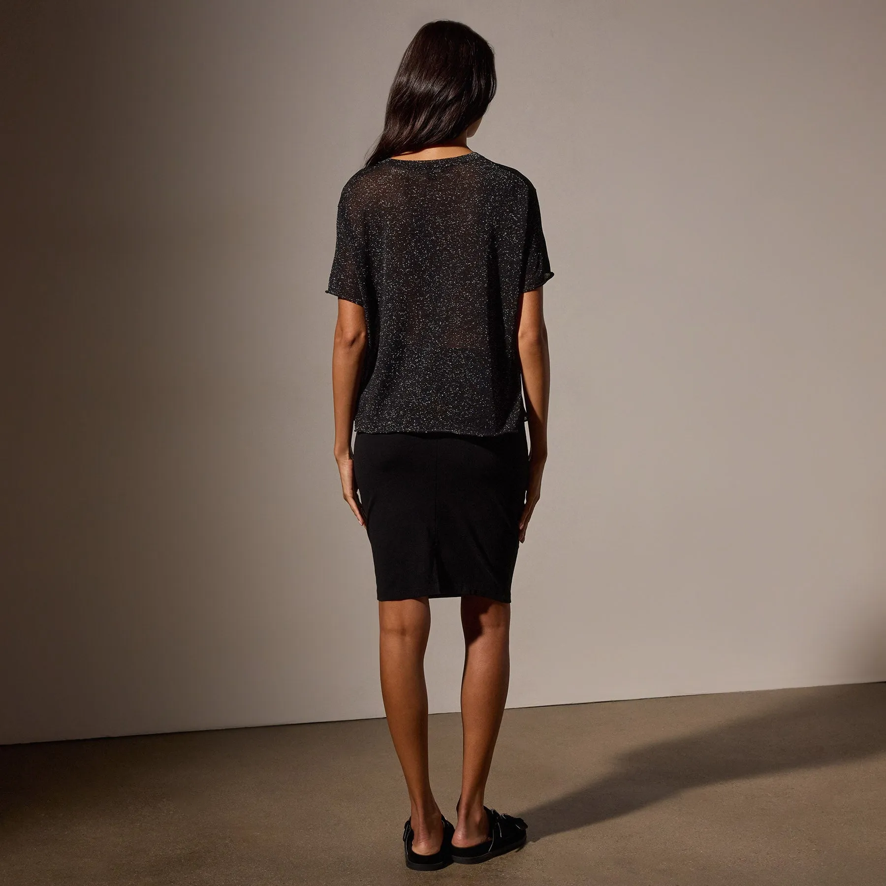 Metallic Knit Short Sleeve Crew - Black