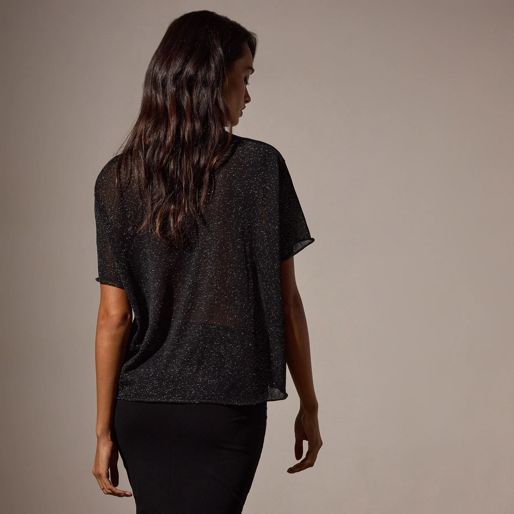 Metallic Knit Short Sleeve Crew - Black