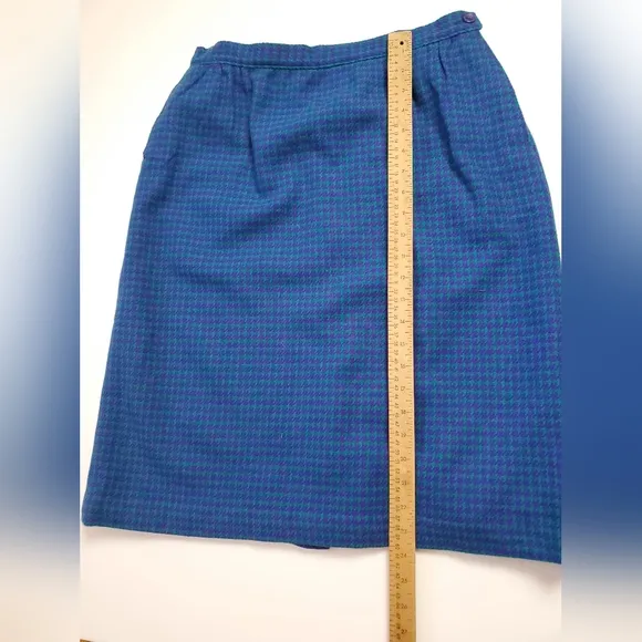 Miss Pendleton 100% Wool Lined Midi Pencil Skirt Green/Purple Houndstooth S