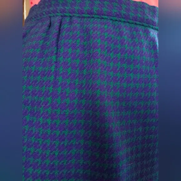 Miss Pendleton 100% Wool Lined Midi Pencil Skirt Green/Purple Houndstooth S
