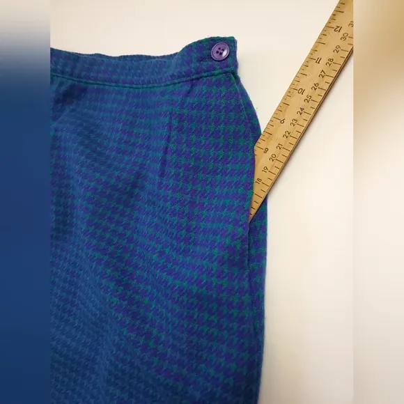 Miss Pendleton 100% Wool Lined Midi Pencil Skirt Green/Purple Houndstooth S