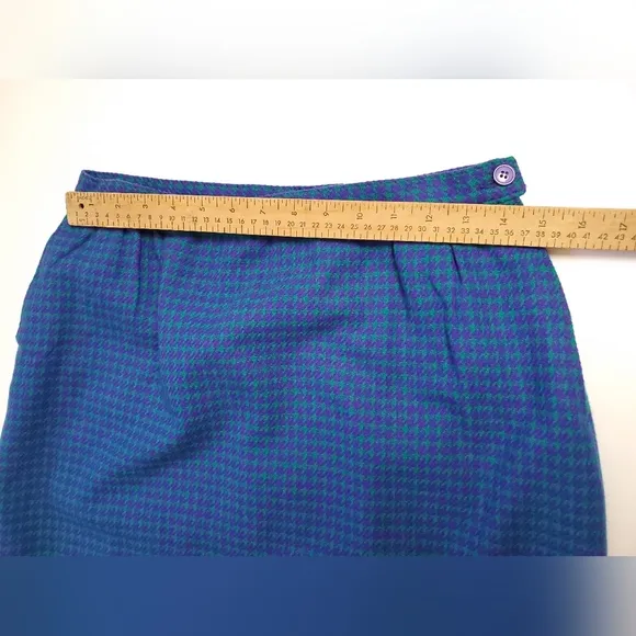 Miss Pendleton 100% Wool Lined Midi Pencil Skirt Green/Purple Houndstooth S